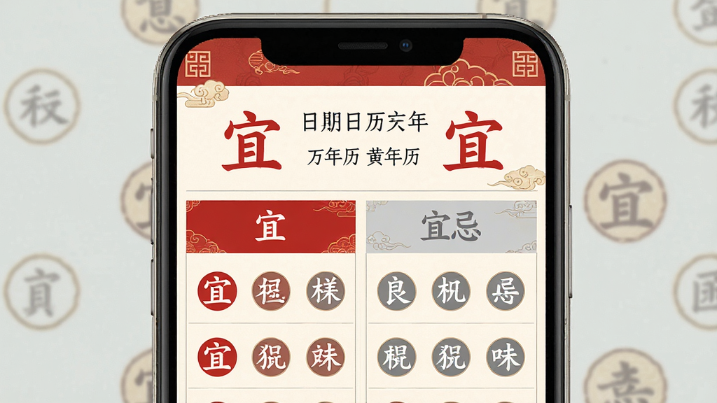 一张展示良辰吉日万年历黄历宜忌页面的图片,主体为手机屏幕中显示的宜忌列表,布局为上下结构,上方为日期和农历信息,下方分为宜和忌两栏,排版对称工整,风格为传统中式风格,细节包括红色宜字标记、灰色忌字标记、圆形图标装饰,画质高清、干净、无多余元素