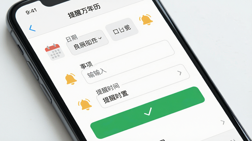 一张展示良辰吉日万年历日程提醒功能的图片,主体为手机屏幕中显示的提醒设置页面,布局为表单形式,包含日期选择、事项输入、提醒时间设置等字段,排版简洁明了,风格为现代扁平化设计,细节包括日历图标、铃铛提醒图标、绿色确认按钮,画质高清、干净、无多余元素