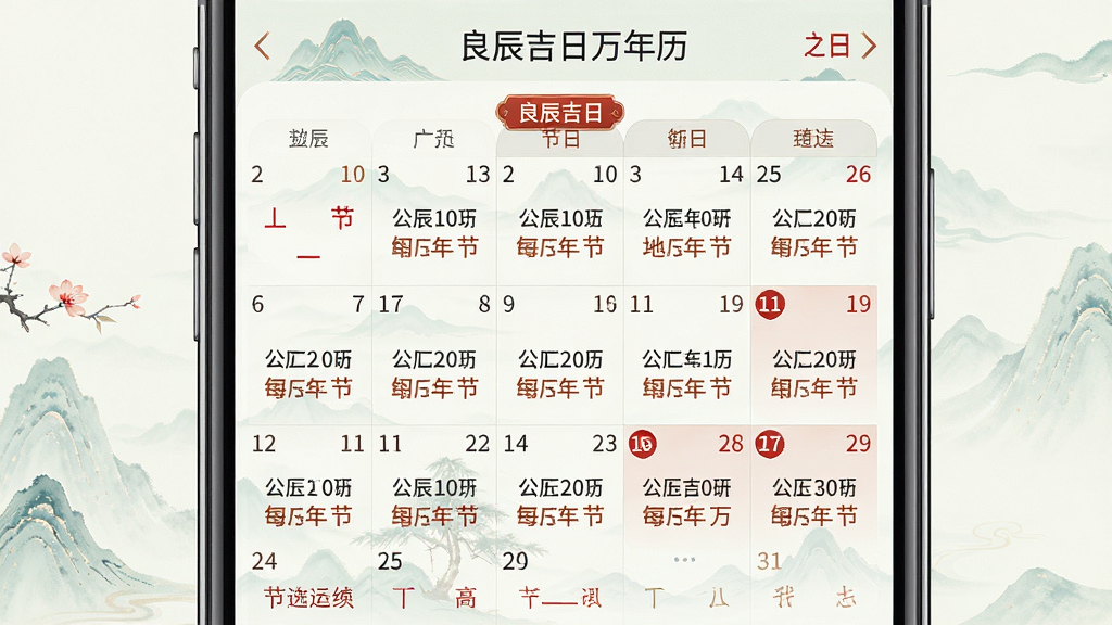 一张展示良辰吉日万年历农历转换功能的图片,主体为手机屏幕中显示的日历视图,布局为月历网格,每个日期格内显示公历和农历双日期,排版整齐规范,风格为清新淡雅的中国风,细节包括节气标注、节日高亮、农历月份标识,画质高清、干净、无多余元素