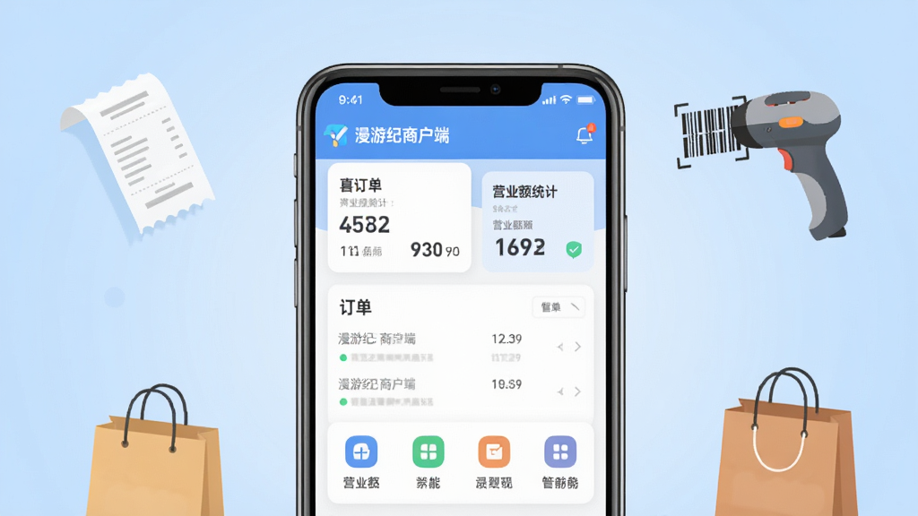 主图画面中心放置一部智能手机,屏幕显示“漫游纪商户端”管理后台界面,包含订单列表、营业额统计卡片和功能图标;背景为简洁的浅蓝色渐变,周围点缀小票、扫码枪、购物袋等商户元素;排版居中对称,风格为扁平化商务插画,细节干净,画质清晰无多余元素