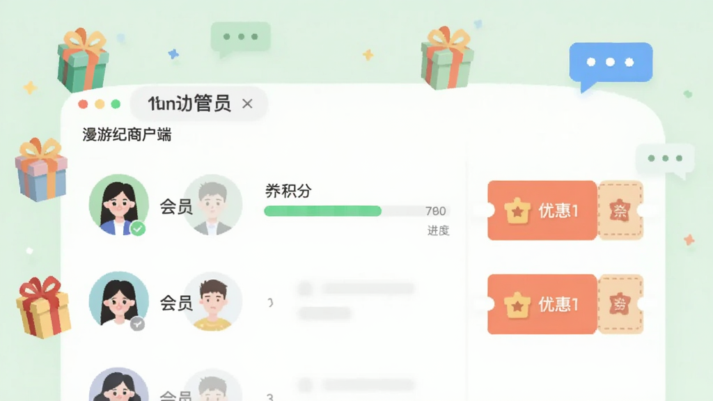 画面展示“漫游纪商户端”会员管理界面,包含会员头像列表、积分进度条和优惠券图标;背景为柔和的浅绿色调,点缀礼物盒和消息气泡;风格为清新扁平插画,排版整齐,画质干净无多余元素