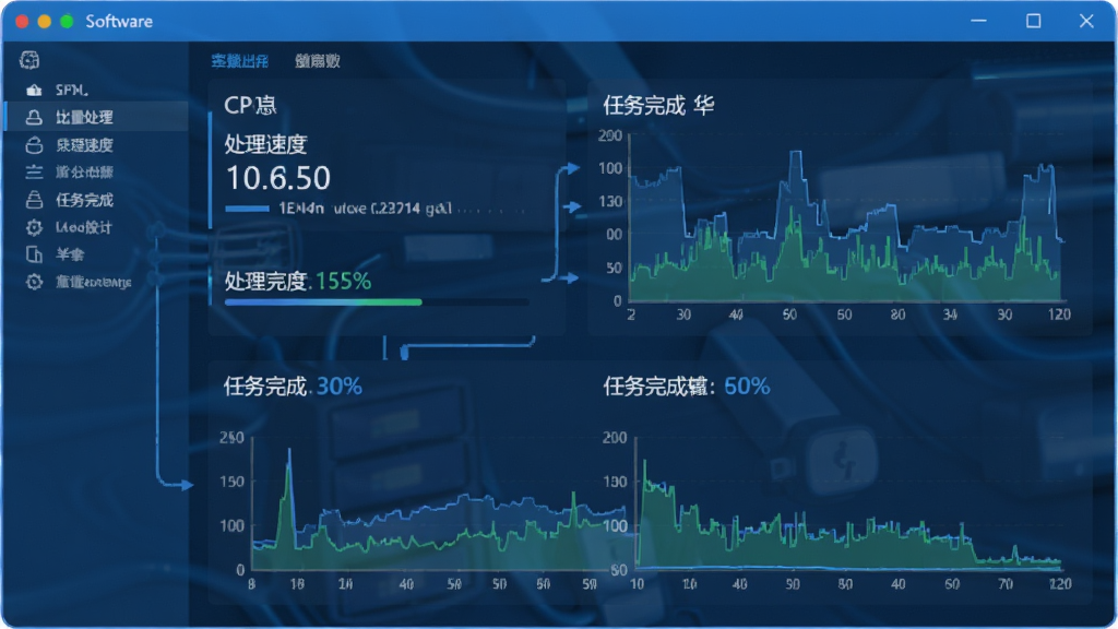 图片批量处理器多线程处理引擎示意图,主体为软件运行界面和CPU占用图表,布局为上下结构,排版工整,风格为科技蓝调,细节包括处理速度数值和任务完成百分比,画质高清,干净,无多余元素
