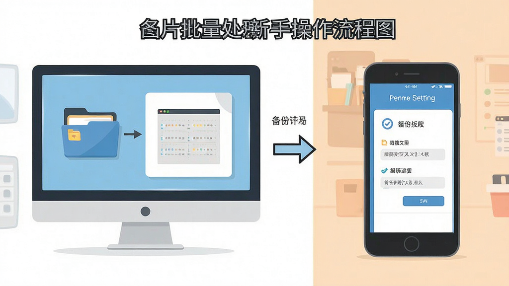 图片批量处理器新手操作流程图,主体为电脑屏幕和手机屏幕并列展示,布局为左右对比,排版清晰,风格为扁平插画风,细节包括备份文件夹图标和权限设置界面,画质高清,干净,无多余元素