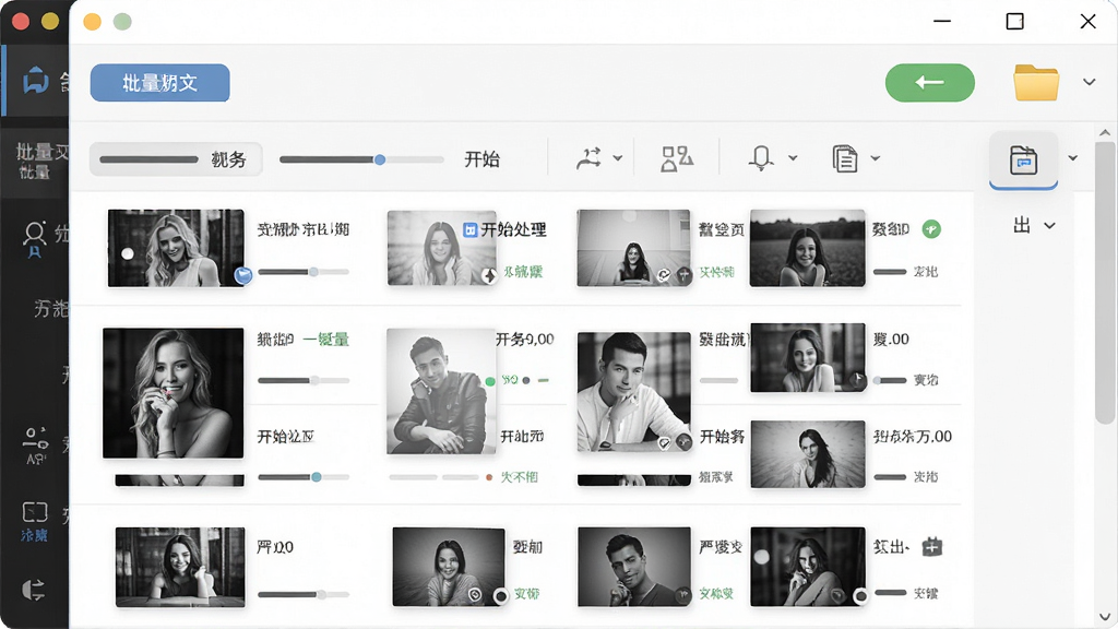 黑白照片上色软件一键批量处理功能界面图,画面主体为软件任务列表窗口,列表中排列着多张黑白照片缩略图,每张照片旁带有进度条和状态标识,画面布局采用纵向列表排版,风格为清爽商务风,细节包括批量导入按钮、开始处理按钮和导出文件夹图标,画质高清,画面干净,无多余元素