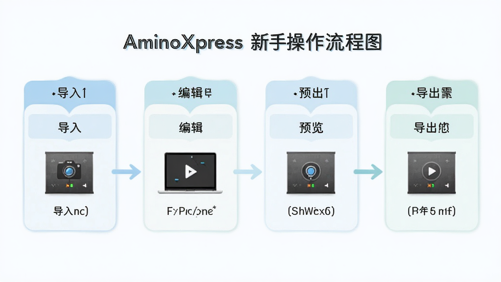 AminoXpress 新手操作流程图,主体为从导入图片到导出成品的步骤示意,布局为横向流程,排版简洁,风格清新浅色,细节包含导入、编辑、预览、导出四个阶段,画质高清,干净,无多余元素