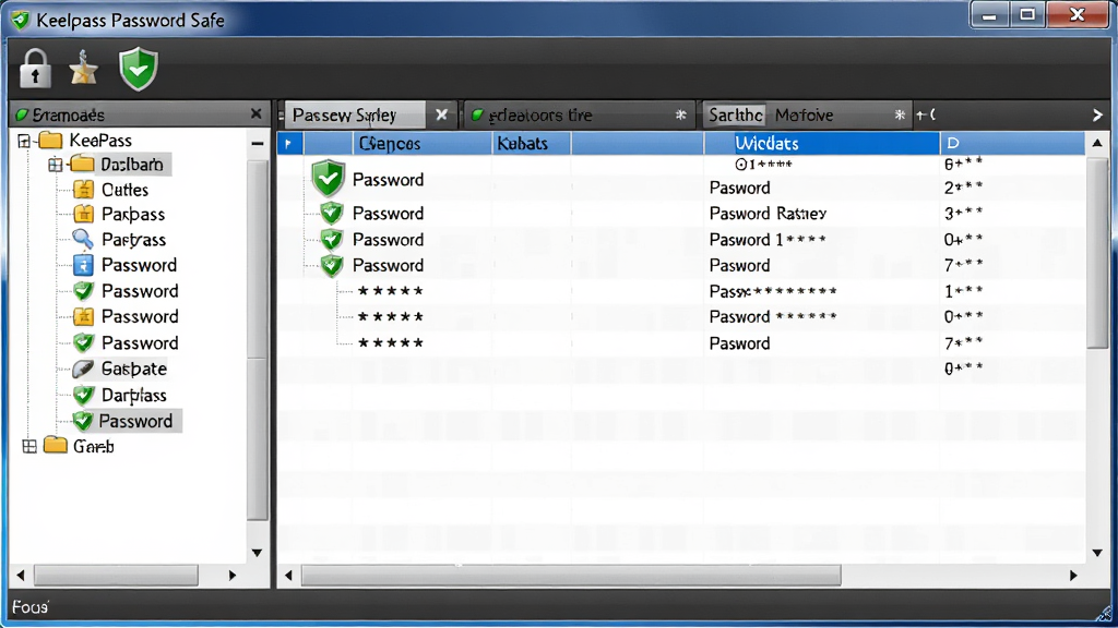 KeePass Password Safe 软件主界面截图,主体为中央打开的密码数据库列表窗口,左侧为分类目录树,右侧为账号条目表格,布局简洁清晰,采用经典 Windows 窗口风格,细节包含锁形图标、绿色盾牌安全标识、密码星号隐藏显示,画面干净无多余元素,高清画质,2K分辨率