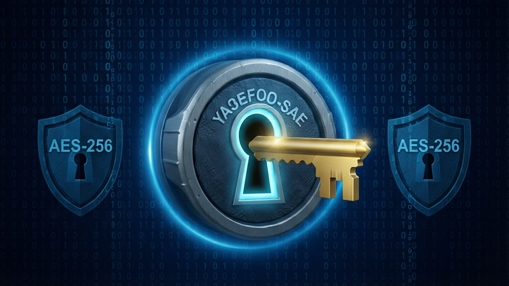 KeePass Password Safe 安全加密概念图,主体为一把金色钥匙插入发光锁孔,背景为深蓝色数字矩阵与二进制代码流,布局中央对称,排版突出锁与钥匙的视觉焦点,风格科技感与安全感并存,细节包含 AES-256 字样、盾牌纹理、光晕效果,画质高清,干净无多余元素