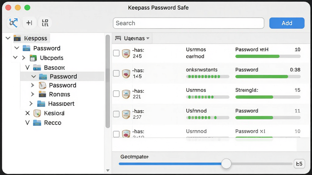 KeePass Password Safe 功能界面展示图,主体为多层级密码分类管理界面,布局左侧树状分组展开,右侧列表显示账号名、用户名与密码强度指示条,排版整齐,风格现代办公软件界面,细节包含搜索框、添加按钮、密码生成器滑块,画质高清,干净无多余元素