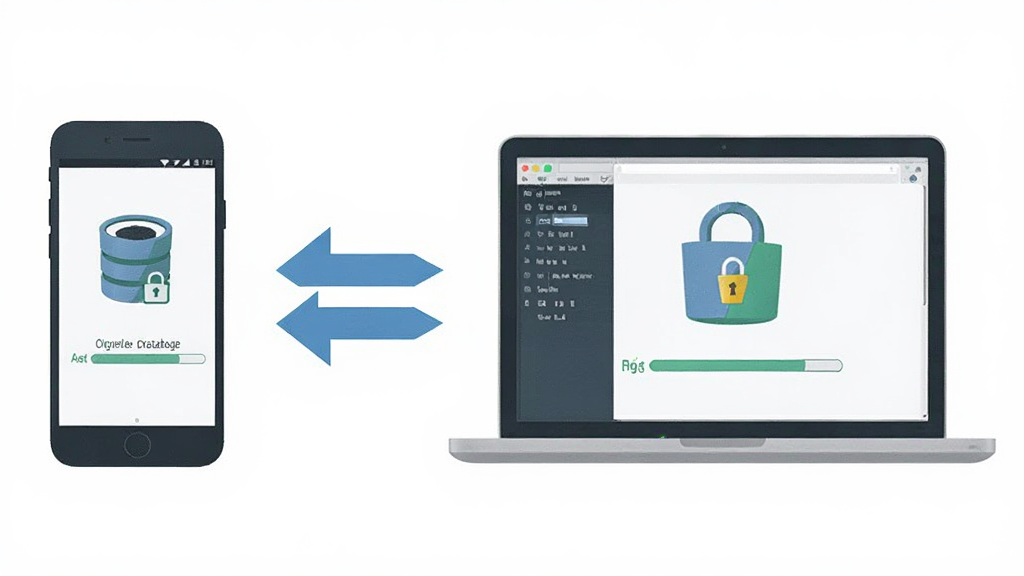 KeePass Password Safe 移动端与电脑端同步操作示意图,主体为手机与笔记本电脑并排展示,布局左右分列,排版中间用双向箭头连接,风格扁平化科技插画,细节包含加密数据库图标、同步进度条、锁形标志,画质高清,干净无多余元素