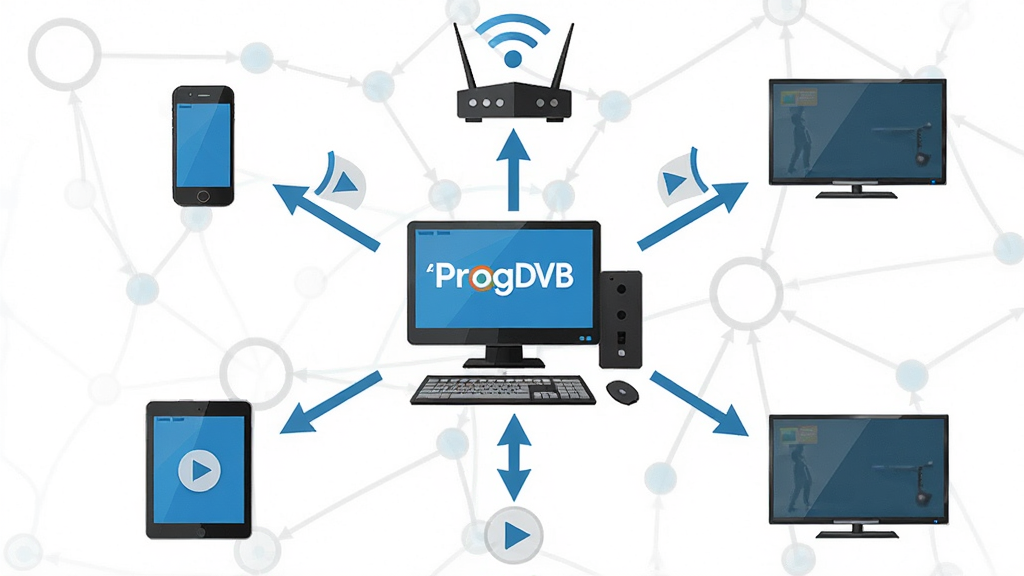 一张展示 ProgDVB 流媒体共享功能的示意图,主体为家庭网络拓扑图,中心是一台运行 ProgDVB 的电脑,周围连接着手机、平板、智能电视等设备,箭头表示视频流传输方向。布局为放射状结构,风格为扁平化网络图标风,细节包括路由器、WiFi 信号波纹、播放按钮,画质为 2K 高清,干净无多余元素。