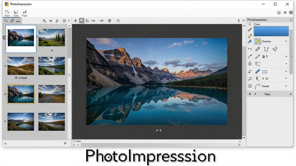 一张展示PhotoImpression软件主界面的预览图,画面中央是软件窗口,左侧为图片缩略图浏览区,右侧为编辑工具栏,窗口内显示一张风景照片正在被编辑,整体布局清晰,风格简洁,画质干净,无多余元素,屏幕下方有软件名称