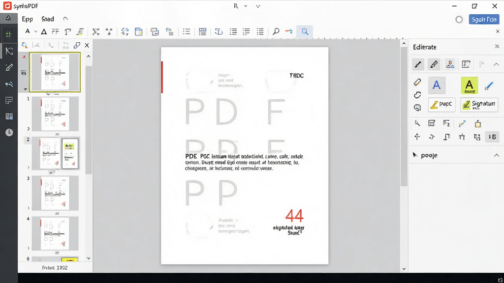 一张展示旋风PDF编辑器软件界面的图片,主体为电脑屏幕上打开的PDF文档编辑窗口,布局中央是A4纸样式的文档页面,左侧为缩略图导航栏,右侧为编辑工具面板,排版整齐有序,风格为现代简约商务风,细节上体现工具栏中的文字编辑、高亮、签名图标,画质清晰,干净,无多余元素