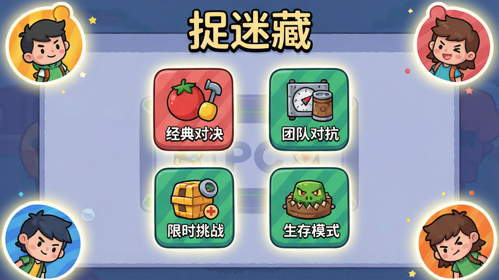 一张展示捉迷藏PC试玩电脑版游戏模式选择界面的图片。画面主体是一个卡通风格的界面面板,布局上中央排列着四个模式图标,分别代表经典对决、团队对抗、限时挑战和生存模式,周围环绕着动态的角色小头像。排版采用对称式布局,风格为扁平化卡通设计,细节包括图标上的小道具图案和柔和的光晕效果。画质干净清晰,画面中可包含“捉迷藏”字样的标题文字。