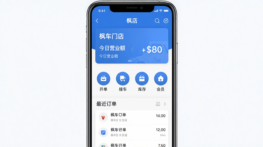 手机屏幕中央展示“枫车门店”应用主界面,上方为门店名称与今日营业额卡片,中部为开单、接车、库存、会员四个圆形功能图标,下方为最近订单列表,整体采用蓝白配色,布局简洁,扁平化UI风格,细节清晰,画质干净,无多余元素