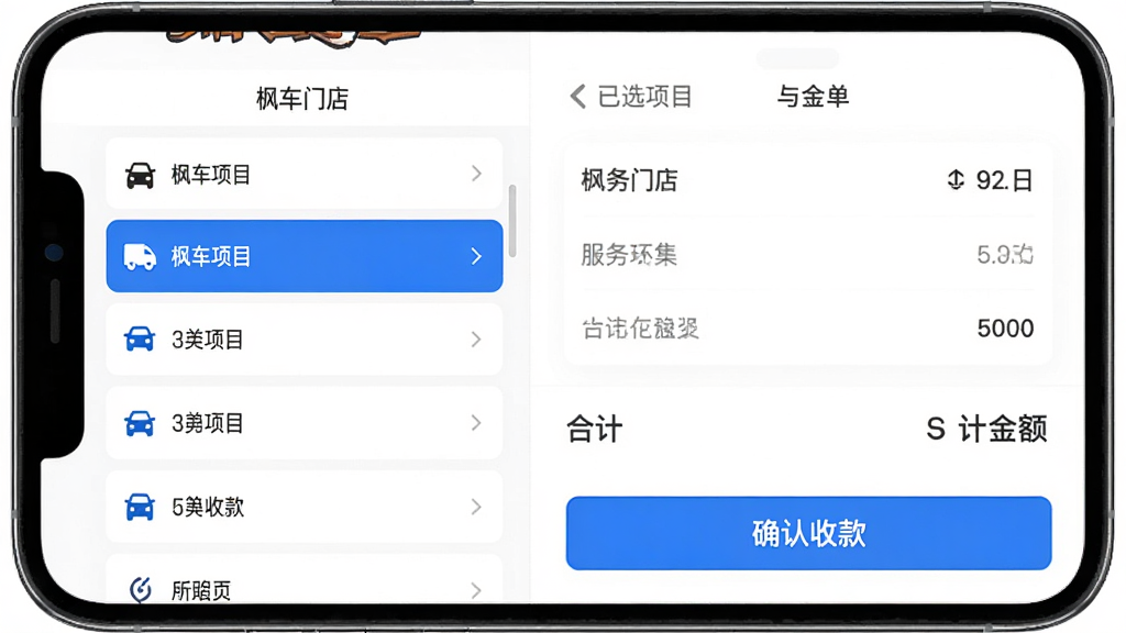 手机界面展示“枫车门店”开单页面,左侧为服务项目分类列表,右侧为已选项目与合计金额,底部有“确认收款”按钮,界面以白色卡片和蓝色高亮为主,排版整齐,风格清爽,画质干净,无多余元素
