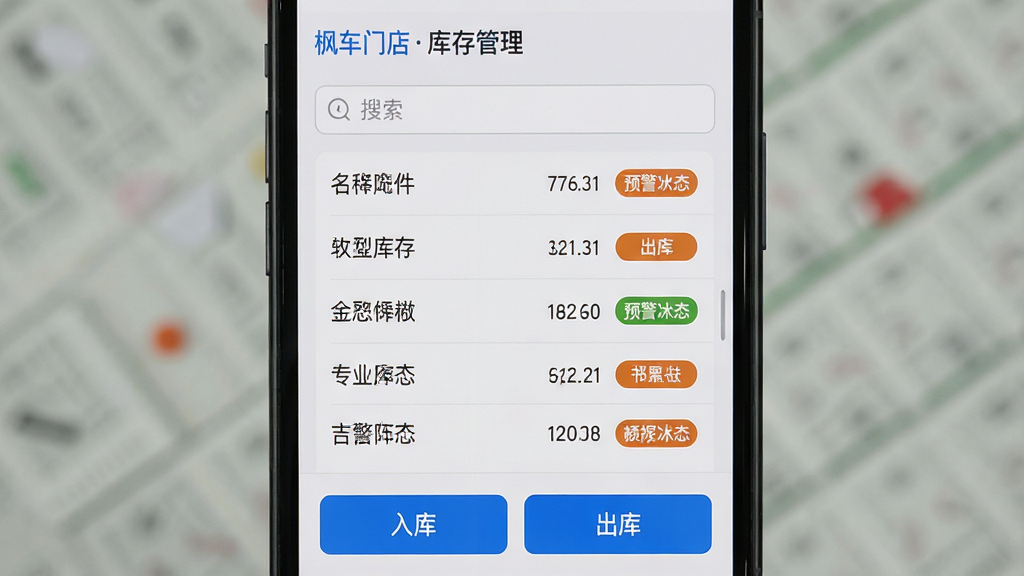 手机屏幕显示“枫车门店”库存管理界面,顶部为搜索框,中部为配件列表,每行包含配件名称、库存数量与预警状态标签,底部有“入库”“出库”两个按钮,采用浅灰底色与蓝色强调色,布局规整,画质干净,无多余元素