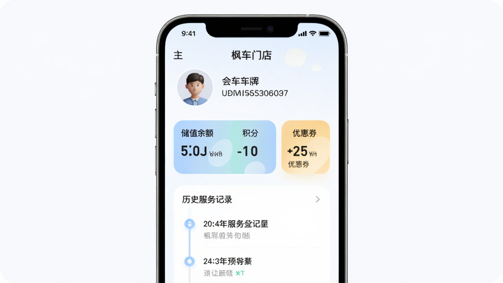 手机界面展示“枫车门店”会员详情页,上方为车主头像与车牌号,中部为储值余额、积分与优惠券数量卡片,下方为历史服务记录时间线,整体采用圆角卡片设计,配色柔和,排版清晰,画质干净,无多余元素