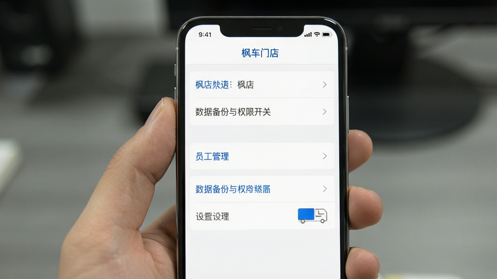 手机屏幕显示“枫车门店”设置页面,包含门店信息、员工管理、数据备份与权限开关等选项列表,界面采用白底蓝字与灰色分割线,排版规整,风格简洁,画质干净,无多余元素