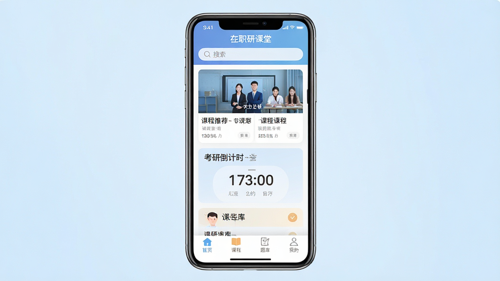һ��չʾ��ְ�п����ֻ�APP�������ͼƬ������������һ�����������ֻ�����Ļ����ʾ��ְ�п���APP��ҳ�����������������м��ǿγ��Ƽ���Ƭ�Ϳ��е���ʱģ�飬�ײ�����������ҳ���γ̡���⡢�ҵ��ĸ�ͼ�꣬����Ϊǳ��ɫ���䣬����������ˬ�����־��жԳƣ����������ɾ����޶���Ԫ��