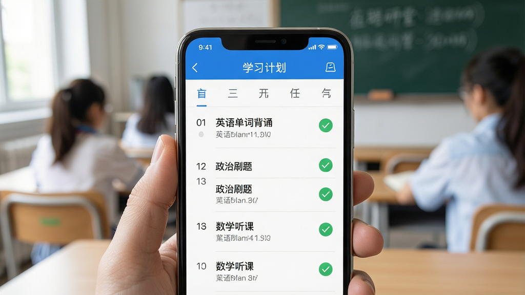 һ��չʾ��ְ�п���APPѧϰ�ƻ������ͼƬ������������һ���ֻ�����Ļ����ʾ������ʽ��ÿ��ѧϰ�����б�������Ӣ�ﵥ�ʱ��С�����ˢ�⡢��ѧ���ε���Ŀ�����������ǰ����ɫ��ѡ��ǣ�ҳ������ˬ����ɫ�԰׵�����Ϊ�����������룬�����������޶���Ԫ��