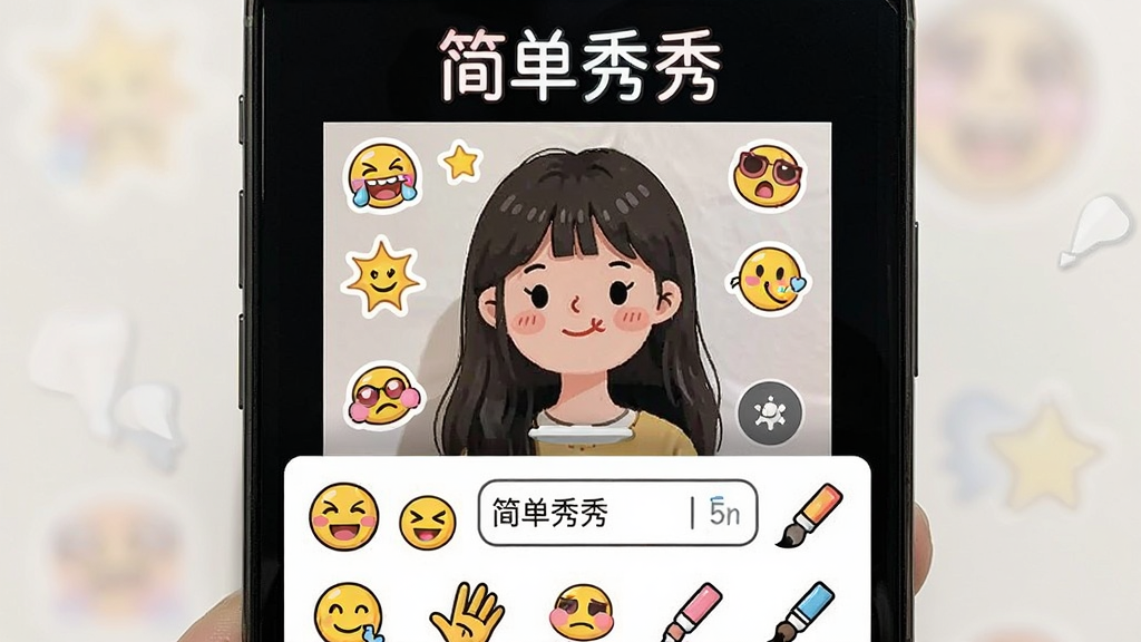 一张展示简单秀秀贴纸和文字编辑界面的图片,主体为手机屏幕上的照片和贴纸选择面板,布局为照片居中、贴纸面板在底部,排版活泼,风格为卡通趣味风,细节包括各种表情贴纸、文字输入框、涂鸦笔刷图标,画质清晰,干净无多余元素,图片中打文字“简单秀秀”。