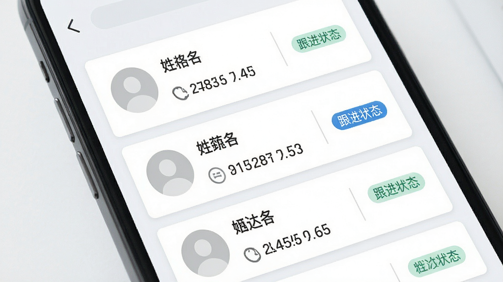 ����Ϳͻ��������ܽ��棬����Ϊ�ֻ���Ļ��д����Ļ��չʾ�ͻ���Ϣ��Ƭ�б���ÿ�ſ�Ƭ�����������绰ͼ�ꡢ����״̬��ǩ������Ϊ�����б��Ű棬���Ϊ��ˬǳɫ����磬ϸ�ڰ�����ɫ��ǩ����ɫ�ָ��ߡ�Բ��ͷ��ռλ���������������ɾ����޶���Ԫ��
