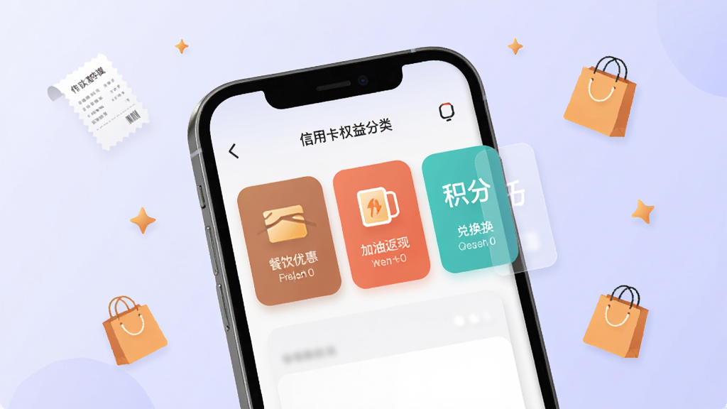 动卡软件权益查询界面示意图,画面展示一部手机屏幕内呈现信用卡权益分类卡片,包含餐饮优惠、加油返现、积分兑换等标签,背景为淡紫色渐变,周围点缀着小票、购物袋和星星图标,风格现代简约,排版清晰,画质干净
