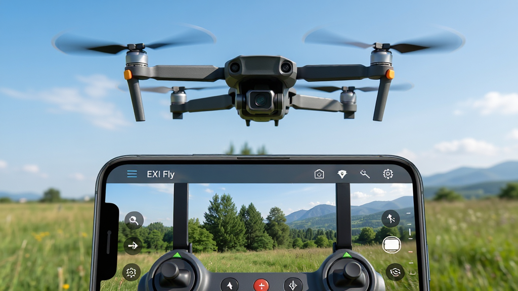 EXI Fly���˻�����Ӧ�������棬��������չʾһ���������˻������ڿ��У��·����ֻ���Ļ��ʾʵʱͼ������������ҡ�ˣ�����Ϊ�����Ļ���ݵ������죬���ֲ������·ֲ㹹ͼ���Ϸ�Ϊ���˻����壬�·�Ϊ�ֻ�������д�����Ϊ�Ƽ���дʵ��ϸ�ڰ������˻���������̬ģ�����ֻ���ĻUI�ؼ������ɼ���ͼ��������ʾ������Զɽ�����ʸ��壬�ɾ����޶���Ԫ��