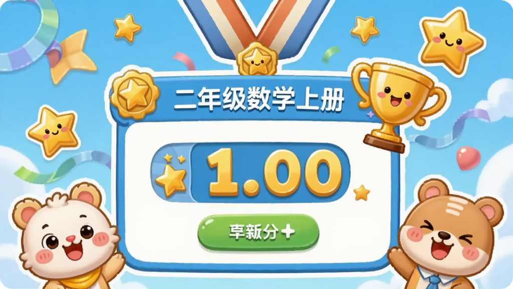 AI生图,主体为卡通勋章和积分奖励弹窗,布局为居中展示,排版包含金色星星、奖杯、积分数字,风格为活泼可爱的儿童风,细节包括彩带、笑脸、卡通动物形象,画质明亮干净,带有“二年级数学上册”文字