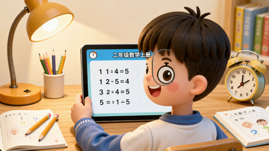 AI生图,主体为一个卡通风格的小学生在书桌前使用平板电脑做数学每日一练,布局为居中场景,排版包含屏幕上的口算题和计时器,风格为温馨家庭学习风,细节包括台灯、铅笔、练习本、闹钟,画质明亮干净,画面中带有“二年级数学上册”文字