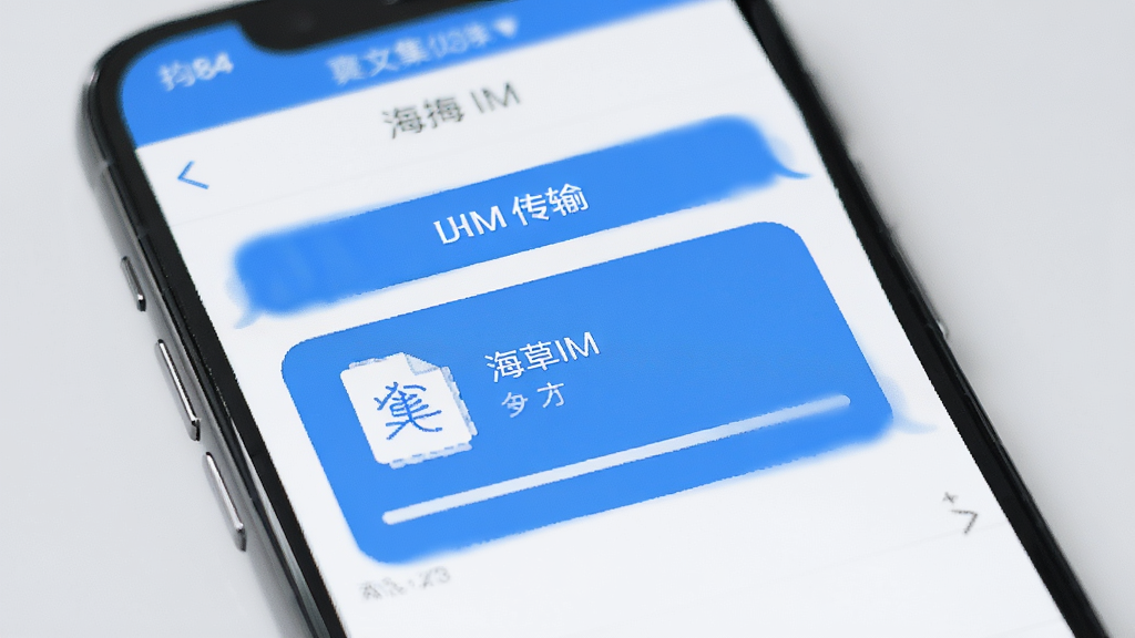 海草集IM文件传输界面示意图,画面展示手机屏幕内文件传输对话框,显示正在传输的文档图标和进度条,界面简洁清晰,主色调为蓝色和白色,背景为浅灰色,画质细腻,无多余元素