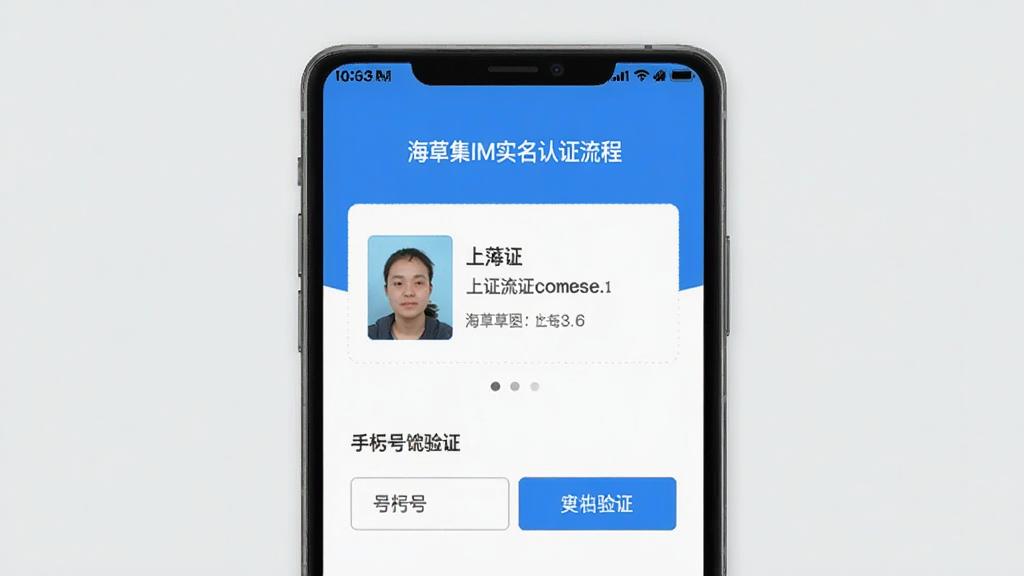 海草集IM实名认证流程界面截图,画面展示手机屏幕内认证页面,包含身份证上传区域和手机号验证输入框,界面风格简洁规范,主色调为蓝色和白色,背景为干净的浅灰色,画质清晰,无多余元素