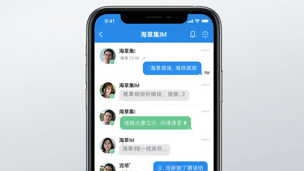 海草集IM软件主界面截图,画面中央展示手机屏幕,屏幕内显示海草集IM聊天列表界面,包含多个联系人头像和消息气泡,界面风格简洁现代,主色调为蓝色和白色,背景为干净的浅灰色渐变,画面清晰,画质细腻,无多余元素