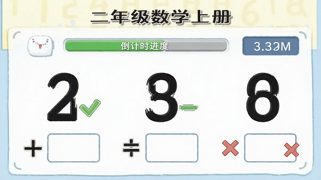 AI生图,主体为口算练习界面,布局为居中大字号数字和答案输入框,排版包含倒计时进度条和得分显示,风格为简洁清爽的教育应用风,细节包括数字、加减乘除符号、对勾和叉号反馈图标,画质清晰干净,带有“二年级数学上册”文字