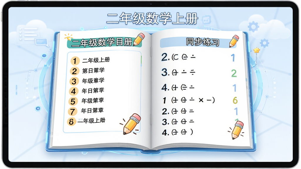 AI生图,主体为一本打开的二年级数学上册电子教材悬浮在屏幕中央,布局为左右分栏,左侧显示目录章节,右侧展示同步练习题,排版整齐清晰,风格为现代教育科技风,细节包括数字、加减乘除符号、卡通铅笔图标,画质高清,画面干净,带有“二年级数学上册”文字