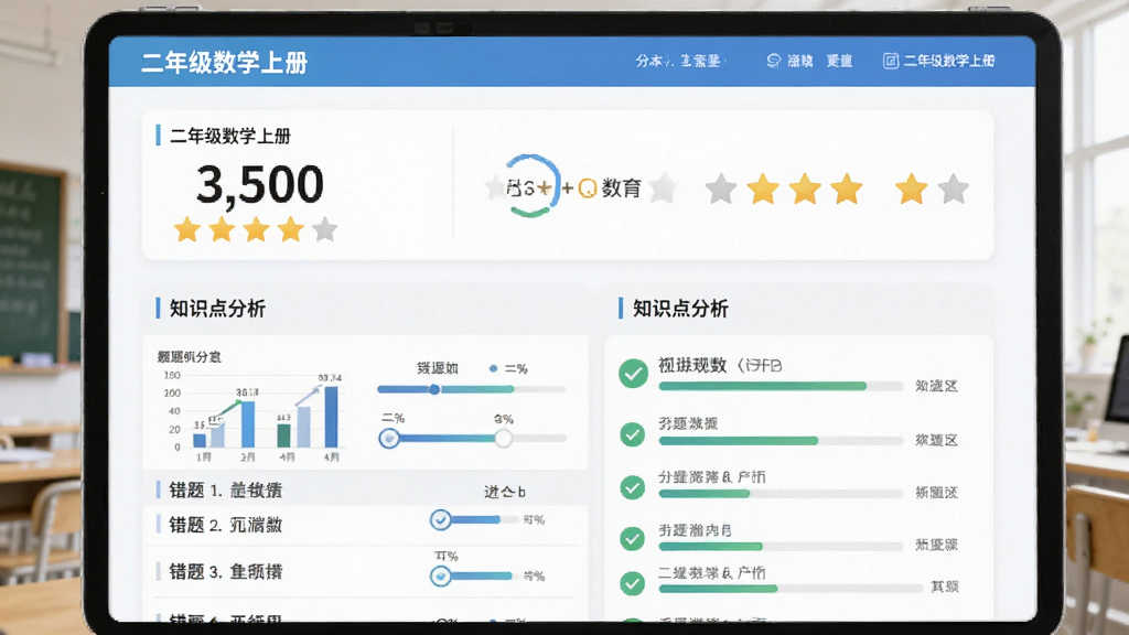 AI生图,主体为单元测试成绩报告页面,布局为上下结构,上方显示分数和星级评价,下方展示错题列表和知识点分析,排版清晰,风格为现代简约教育风,细节包括图表、进度条、对勾图标,画质高清干净,带有“二年级数学上册”文字