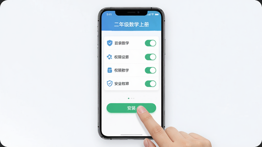 AI生图,主体为手机屏幕展示二年级数学上册软件安装权限设置界面,布局为居中手机模型,排版包含权限开关列表和安装按钮,风格为科技简约风,细节包括手指点击屏幕、权限图标、安全盾牌,画质清晰干净,带有“二年级数学上册”文字