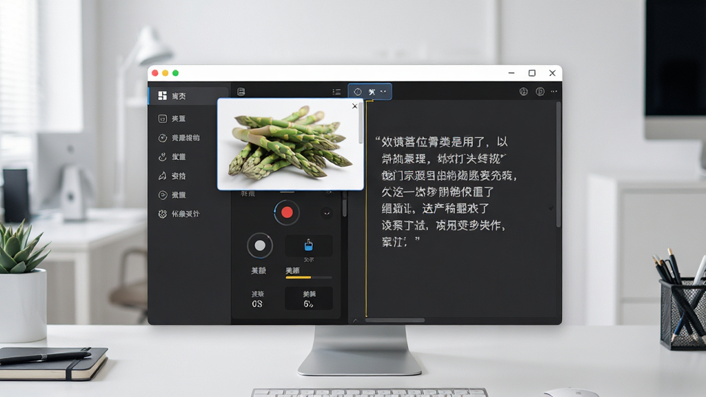 一张展示芦笋提词器电脑端主界面的图片,画面中央是软件窗口,左侧为功能导航栏,右侧为提词编辑区域,背景是简洁的办公桌面环境,风格现代科技感,细节包含悬浮提词窗口预览、录制按钮、美颜参数面板,画质清晰,干净,无多余元素