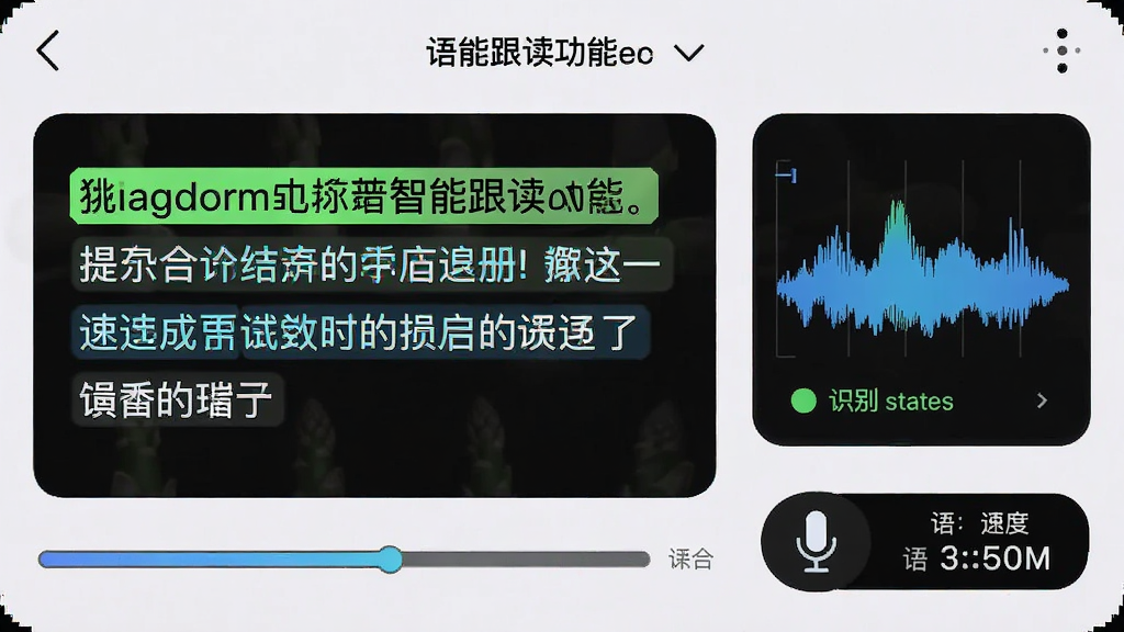 一张展示芦笋提词器智能跟读功能的界面截图,画面中文字以高亮色标注当前朗读位置,旁边有语速波形图与识别状态指示,风格科技感十足,细节包含进度条、麦克风图标、语速数值显示,画质清晰,干净,无多余元素