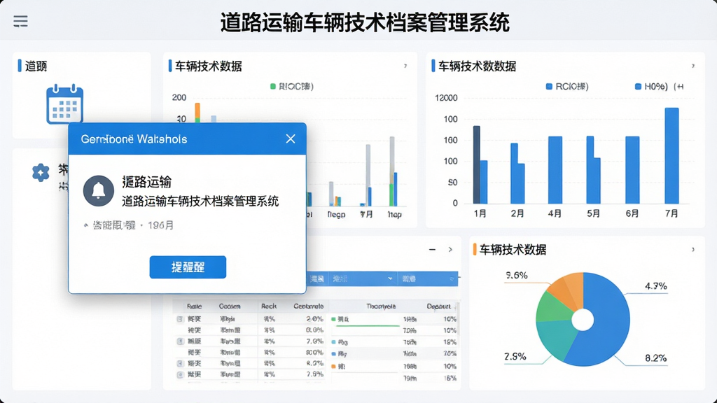 道路运输车辆技术档案管理系统智能提醒与统计报表功能界面图,画面左侧为提醒弹窗,右侧为柱状图和饼状图展示车辆技术数据,顶部显示“道路运输车辆技术档案管理系统”文字,布局左右分栏,风格现代简约,细节包含日历图标、铃铛图标、数据表格,画质高清,画面干净,无多余元素