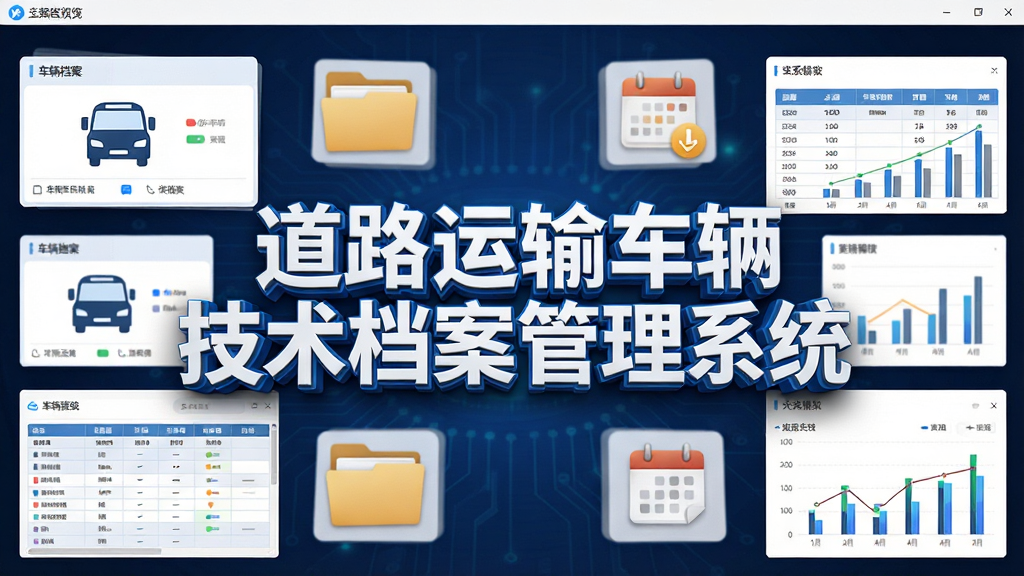 道路运输车辆技术档案管理系统软件主界面预览图,画面中央展示软件名称“道路运输车辆技术档案管理系统”的立体字,周围环绕车辆档案卡片、表格、图表等管理元素,布局清晰,排版对称,风格为现代商务科技风,细节包含车辆图标、文件夹、日历提醒等,画质高清,画面干净,无多余元素