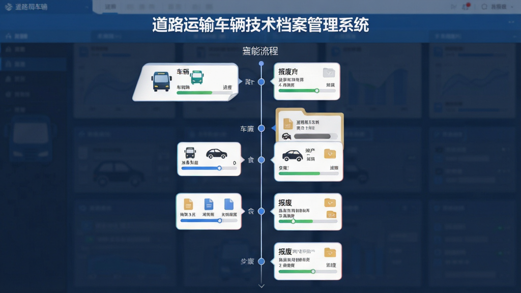 道路运输车辆技术档案管理系统全生命周期档案管理功能展示图,画面主体为软件界面截图风格,中央显示“道路运输车辆技术档案管理系统”标题,下方排列车辆从购置到报废的流程时间轴,每个节点对应档案卡片,布局纵向延伸,风格简洁商务,细节包含图标、进度条、文件标签,画质清晰,画面干净,无多余元素