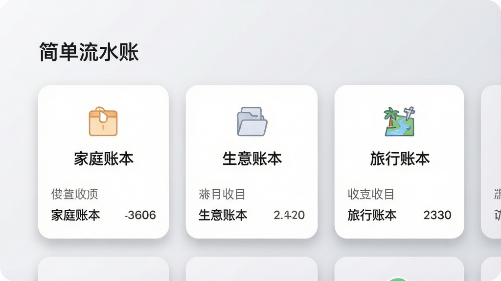 一张展示多账本切换界面的示意图,画面中「简单流水账」的账本列表以卡片形式排列,卡片上分别标注「家庭账本」「生意账本」「旅行账本」,每张卡片配有对应的简约图标和本月收支概览,背景为浅灰色渐变,风格为清新商务,细节包含圆角卡片、阴影效果,画质干净清晰