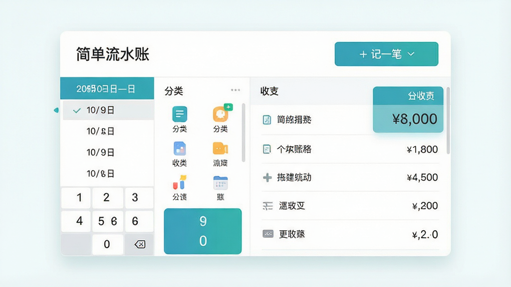 一张简洁明亮的软件界面展示图,画面中央是「简单流水账」主界面,左侧为日期导航栏,右侧为收支列表,顶部有醒目的「+记一笔」按钮,整体采用白底蓝绿色调,布局干净清爽,风格为现代扁平化UI设计,细节包含数字键盘、分类图标和金额汇总卡片,画质清晰,无多余元素