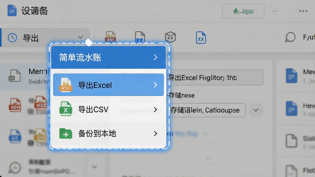 一张展示数据备份与导出操作界面的示意图,画面中「简单流水账」的导出菜单被高亮显示,选项包括「导出Excel」「导出CSV」「备份到本地」,背景为软件设置页面,风格为简约商务,细节包含文件格式图标和存储路径选择框,画质清晰,无多余装饰
