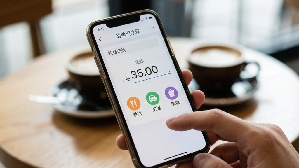 一张展示手机端快速记账操作的场景图,画面中一只手拿着手机,屏幕上显示「简单流水账」的快捷记账面板,金额数字「35.00」正在输入,下方有「餐饮」「交通」「购物」等分类图标,背景为虚化的咖啡厅桌面,风格为写实生活摄影,细节包含手机边框、手指触控动作,画质清晰,干净无杂乱