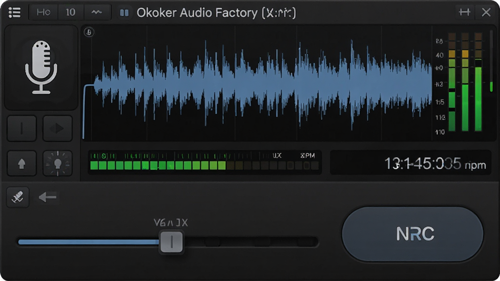¼����ʵʱ��������������Ϊ Okoker Audio Factory ¼�����棬�����Ϸ�Ϊ������ʾ���·�Ϊ����������¼�ư�ť���Ű���գ����Ϊ��ɫרҵ��Ƶ�����磬ϸ�ڰ�����˷�ͼ�ꡢ��ƽ����ʱ���룬���ʸ��塢�ɾ����޶���Ԫ��