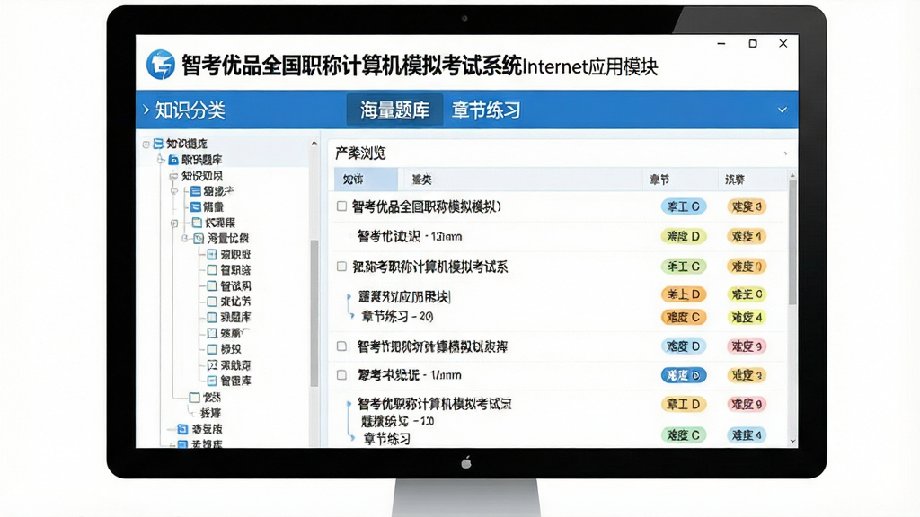海量题库资源界面。主体:电脑屏幕上显示“智考优品全国职称计算机模拟考试系统Internet应用模块”的题库浏览页面,左侧是知识分类树,右侧是题目列表与预览。布局:屏幕居中,分类清晰。排版:知识分类树展开显示多个章节,题目列表带有难度标签。风格:清爽教育软件风格,白色背景配蓝色点缀。细节:屏幕内可见“海量题库”与“章节练习”字样。画质:高清、干净、无多余元素。