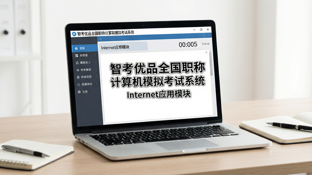 软件全貌展示图。主体:一台打开的笔记本电脑屏幕中央显示“智考优品全国职称计算机模拟考试系统Internet应用模块”主界面,界面左侧为功能导航栏,右侧为模拟考试倒计时与试题区域。布局:电脑放置于干净整洁的浅色木质桌面,旁边放着一本翻开的笔记本和一支笔。排版:屏幕内容居中清晰可见,软件名称文字醒目。风格:现代办公风格,明亮柔和的光线,写实摄影质感。细节:屏幕内可见“Internet应用模块”字样与考试界面元素,桌面无杂物。画质:高清、干净、无多余元素。