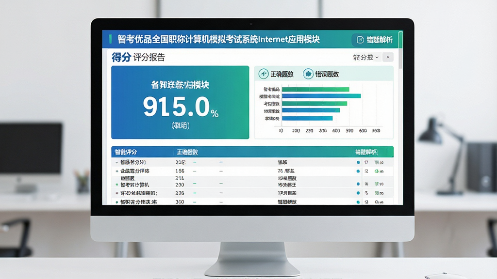 智能评分系统结果页面。主体:电脑屏幕上显示“智考优品全国职称计算机模拟考试系统Internet应用模块”的评分报告页面,包含得分、正确题数、错误题数、各知识点掌握度图表。布局:屏幕居中,报告内容层次分明。排版:分数数字放大显示,下方是详细的错题列表。风格:现代数据可视化风格,蓝色与绿色为主色调。细节:屏幕内可见“智能评分”与“错题解析”字样。画质:高清、干净、无多余元素。